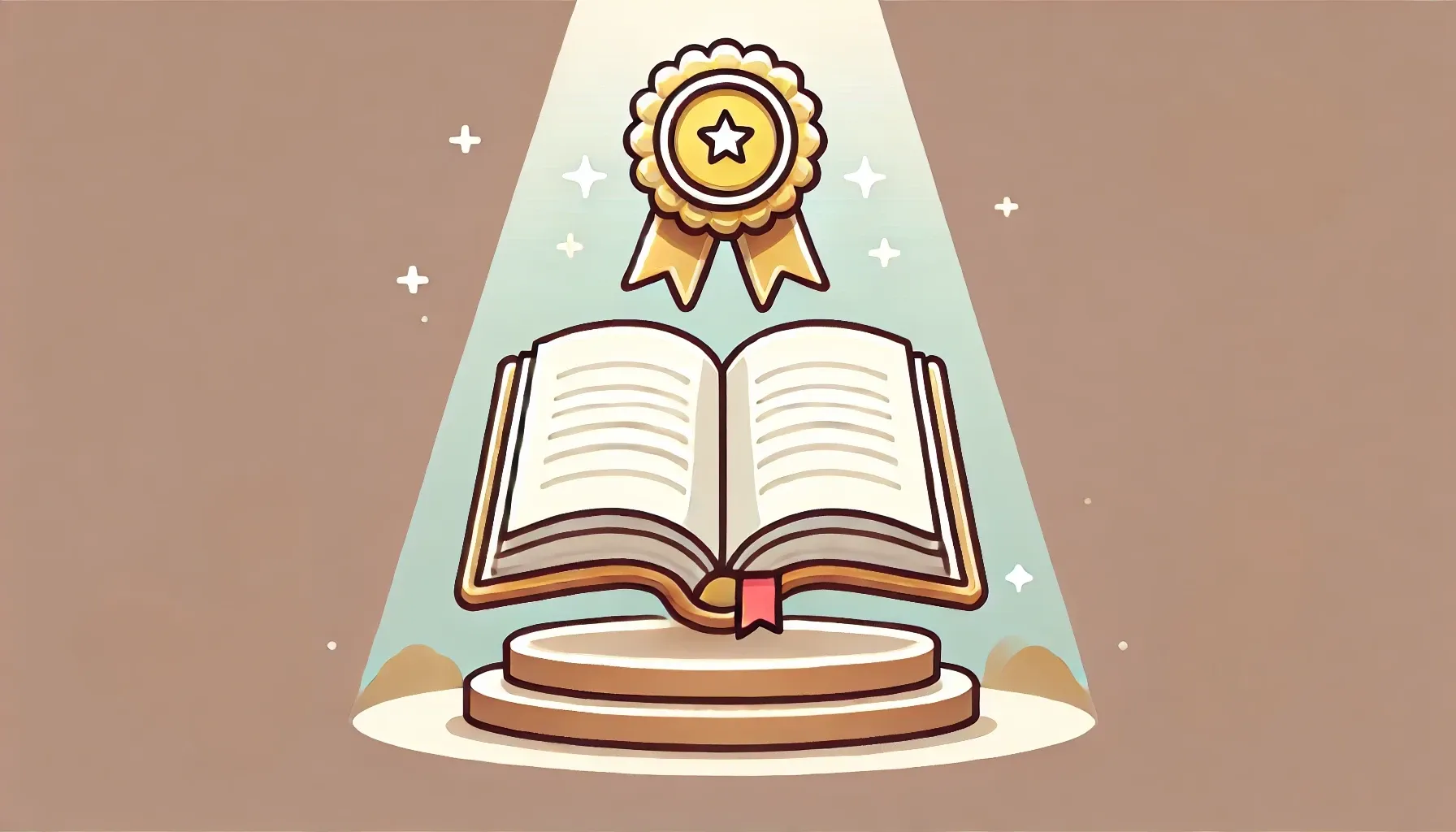 A book on a podium with a medal floating above it. There’s a light spotlighting the book and badge with sparkles around it.