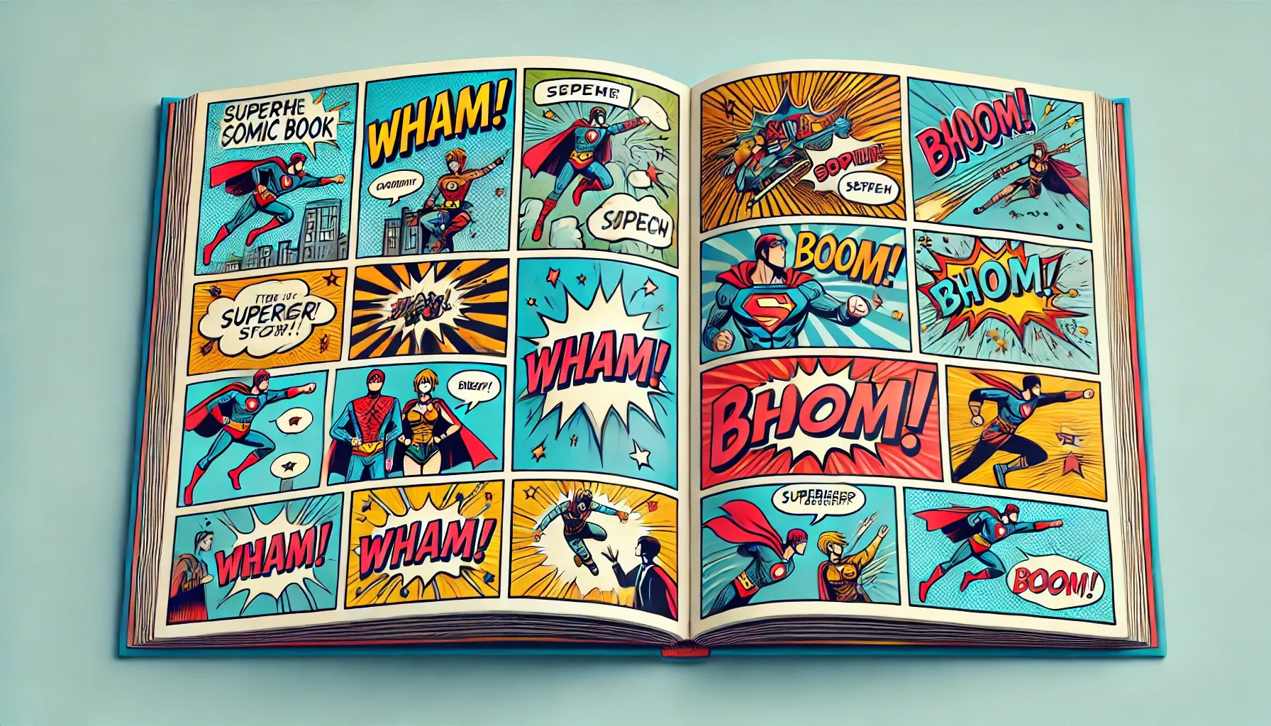 An open comic book on a green surface. The open pages have a comic book grid with superheroes in capes flying around and words like "WHAM!" and "BOOM!" 
