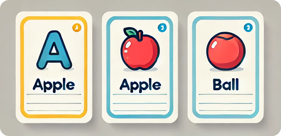 Three flashcards arranged horizontally showing: First card with letter "A" and "apple", second with an apple illustration and "Apple", third with a red ball and "Ball".