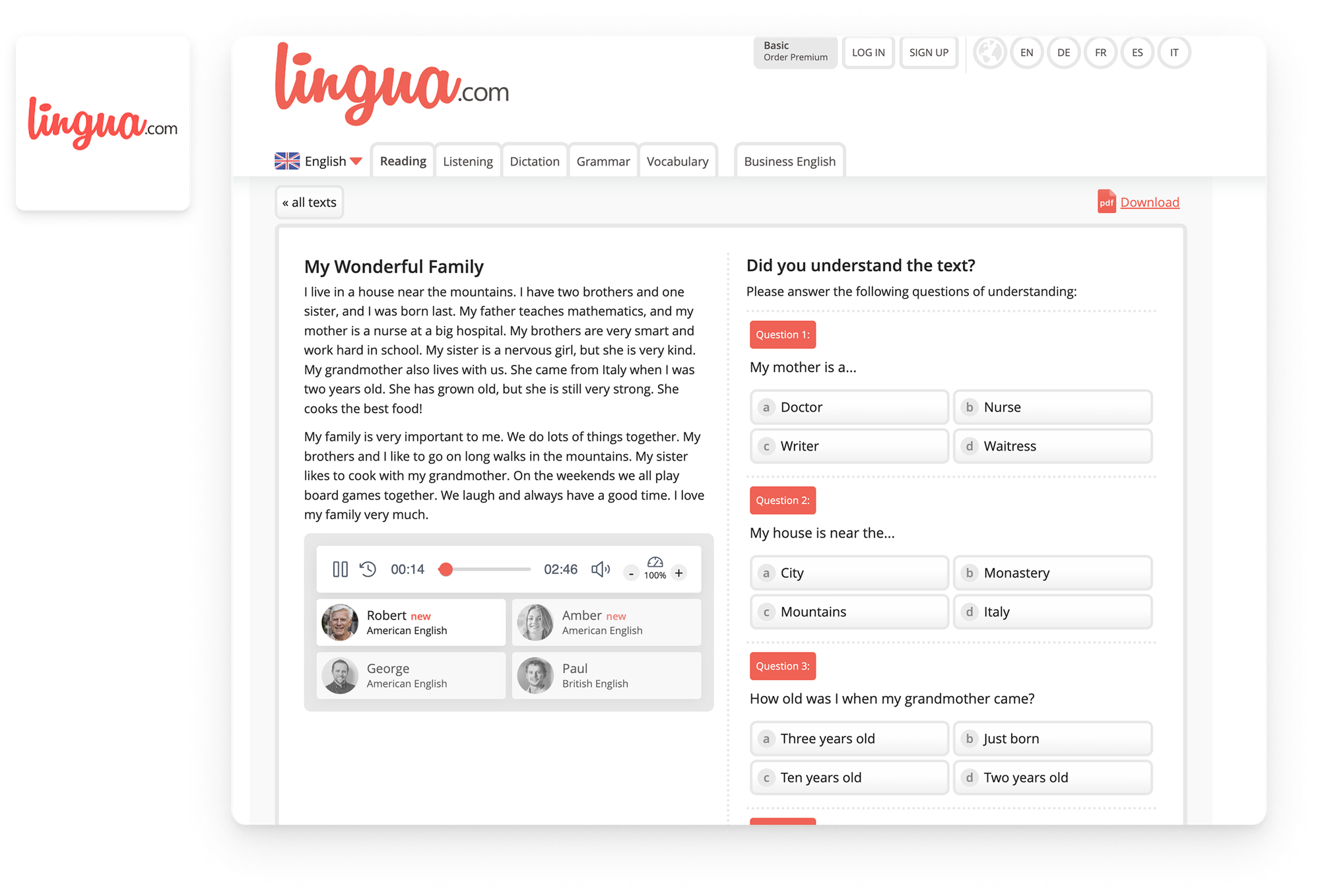 A two-panel image of the Lingua website: their logo on the left side, and a screenshot of the reading comprehension activity and questions for reference.