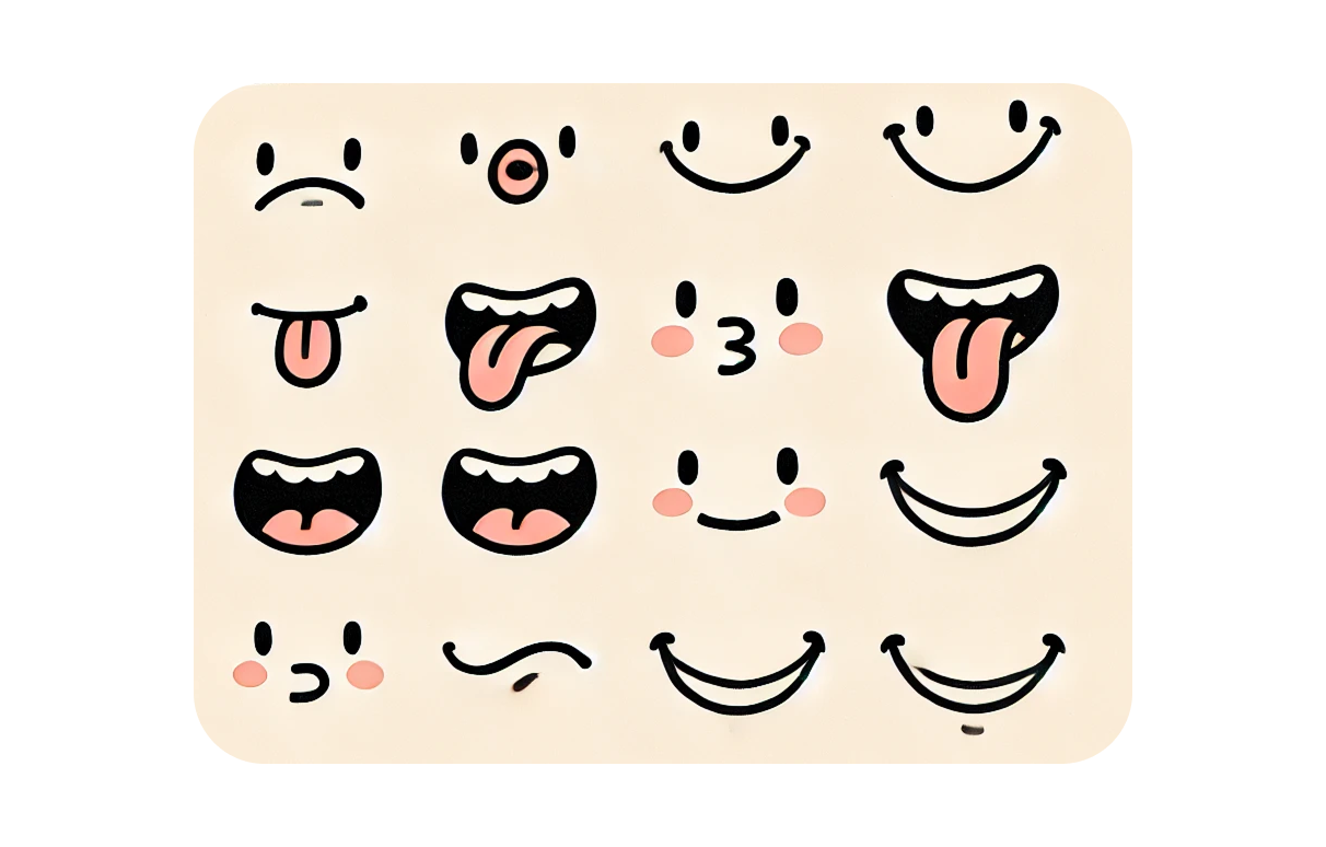 A chart of cartoony faces making different facial expressions and mouth shapes on a yellow background.