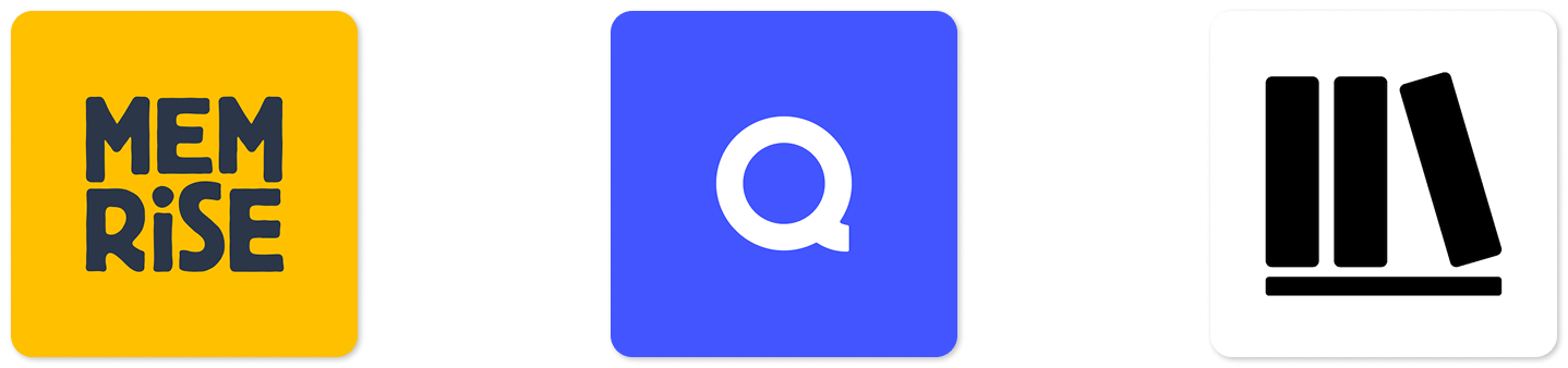 A three-panel image showing the logos of Memrise, Quizlet, and StoryGraph.
