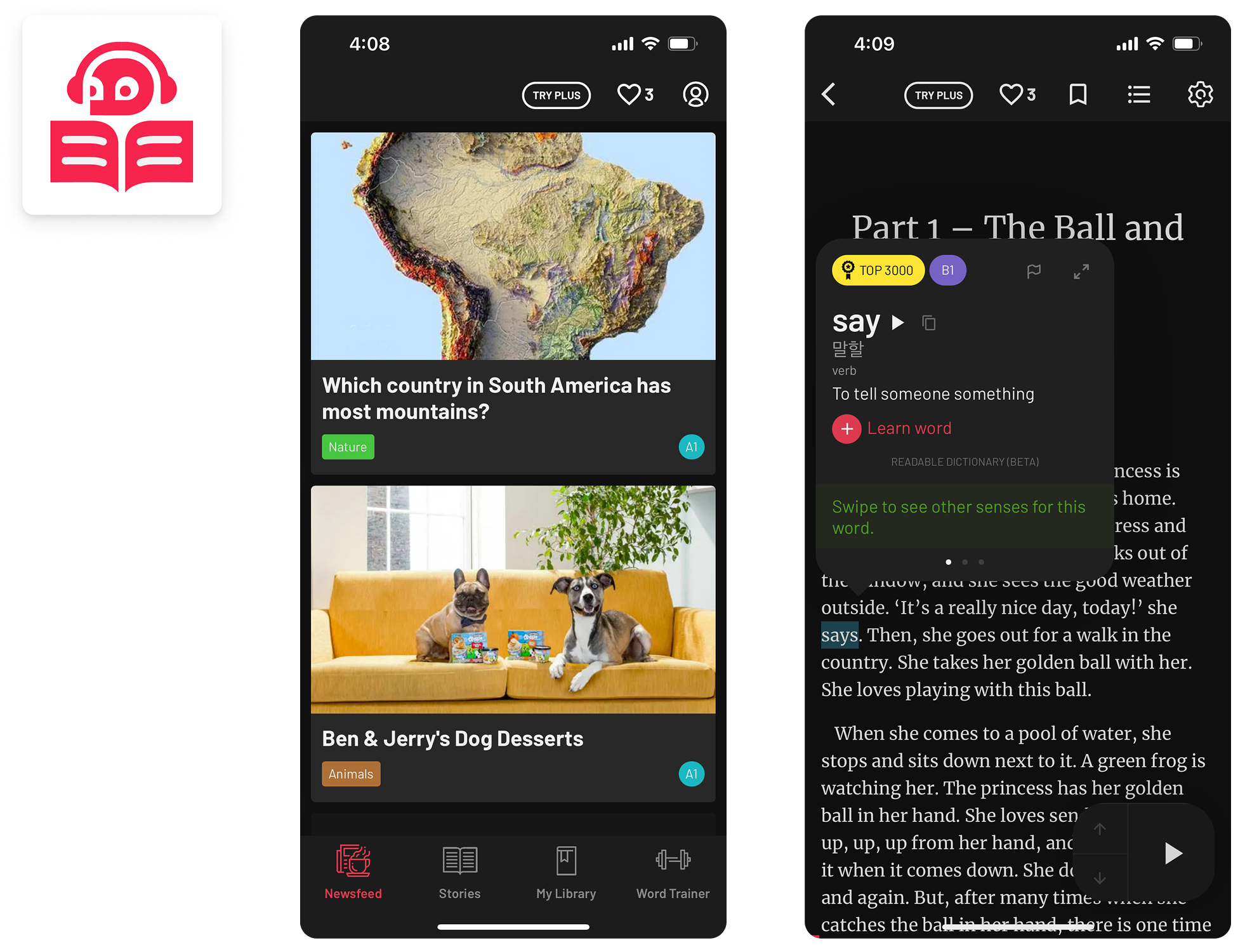 A three-panel image showing the Readable app: The logo of someone reading a book, the content home screen, and the reading interface with a dictionary.