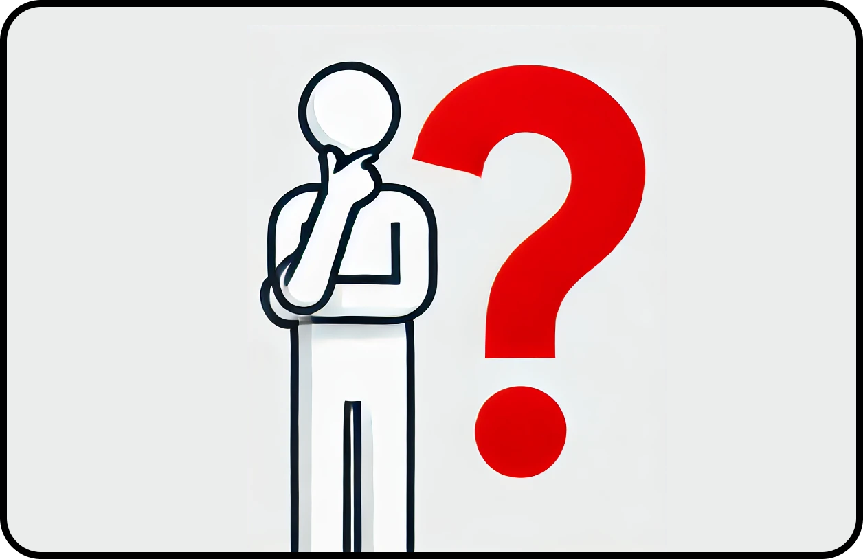 The outline of a person in a thinking position with a hand on their chin and a giant red question mark next to them. 