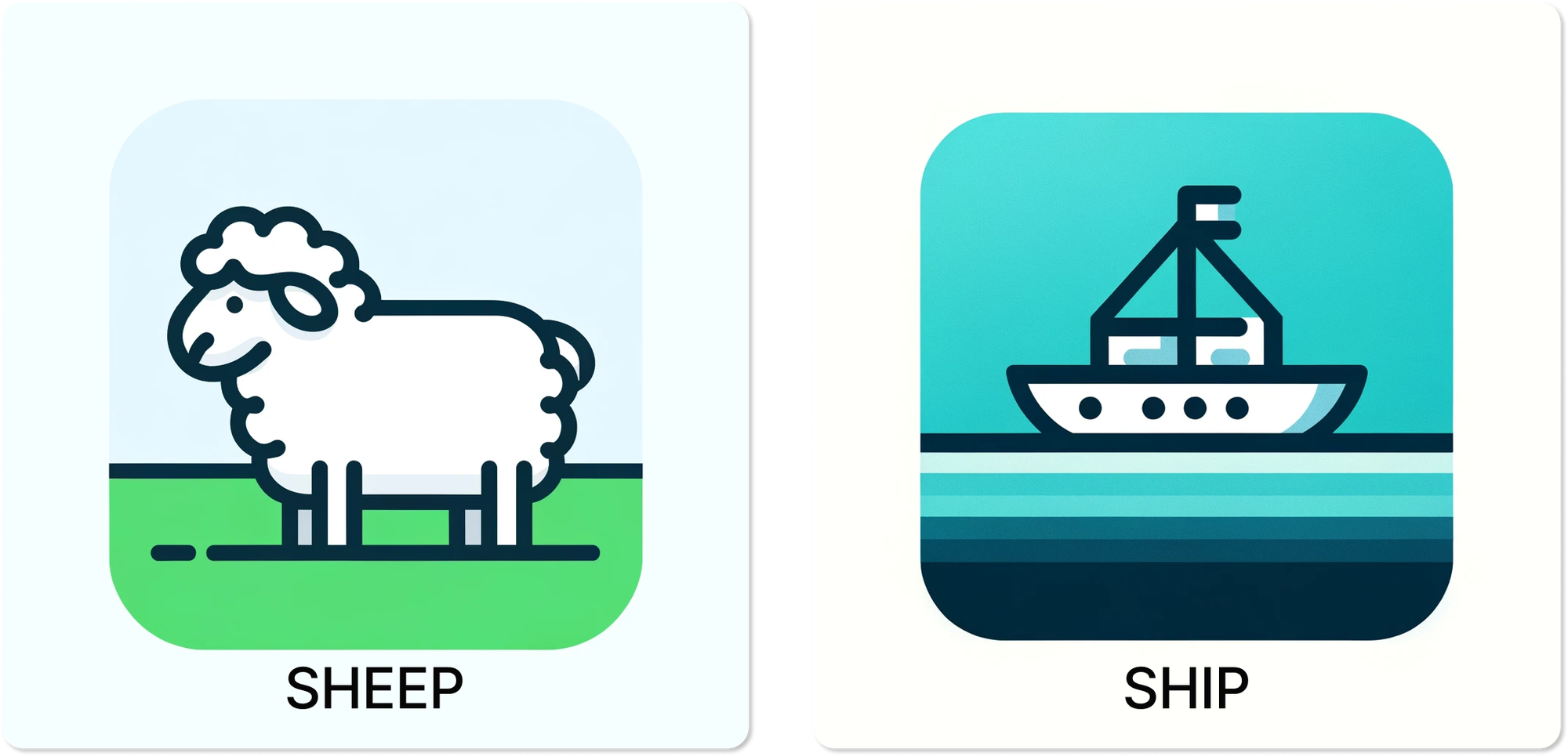 2분할 이미지: 왼쪽에는 “SHEEP”이라는 단어 아래에 양 그림이 있고, 오른쪽에는 “SHIP”이라는 단어 아래에 배 그림이 있음.