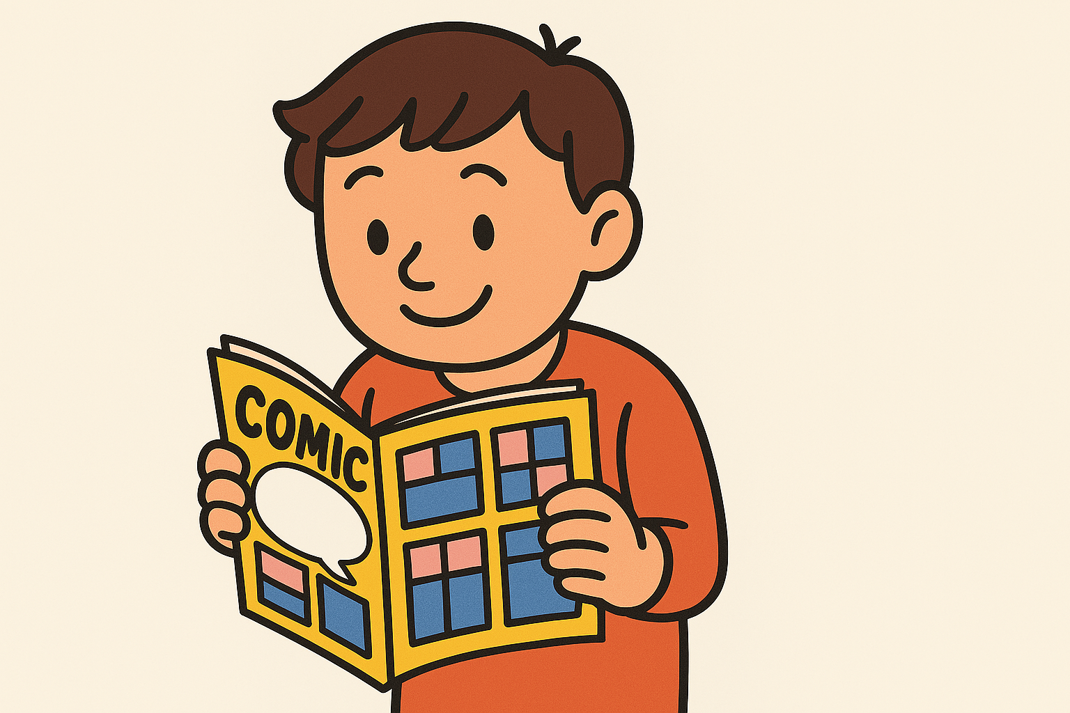 주황색 셔츠를 입은 소년이 말풍선과 “COMIC”이라는 제목이 있는 만화책을 읽고 있는 모습.