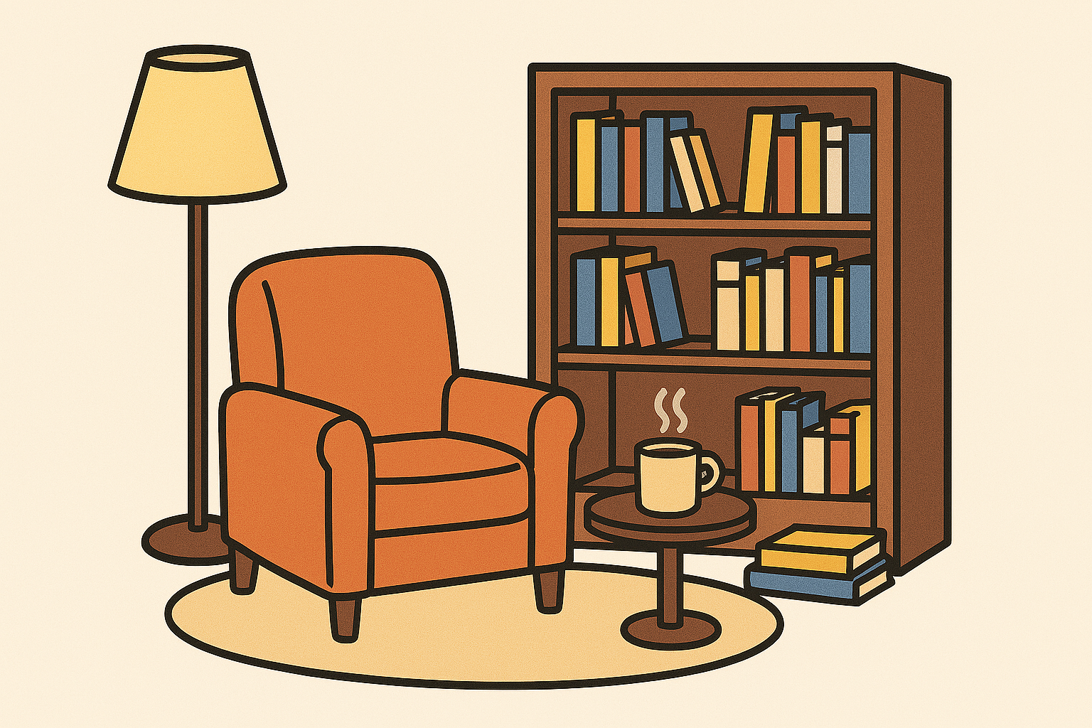 책장, 주황색 안락의자, 원형 러그, 스탠드 조명이 있는 아늑한 독서 공간. 작은 커피 테이블 위에는 김이 나는 커피잔이 놓여 있음.