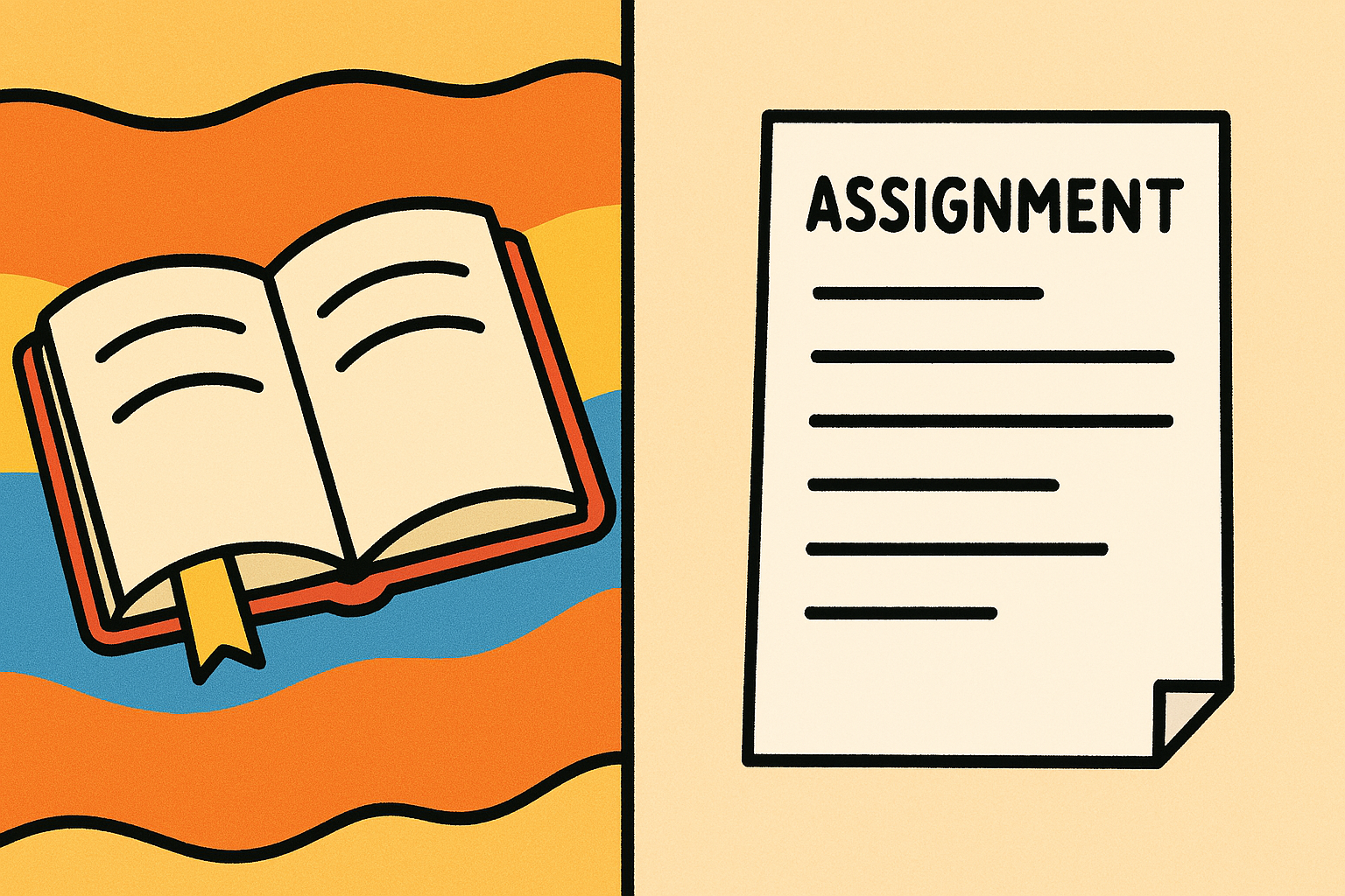 2분할 이미지: 왼쪽에는 알록달록한 줄무늬 배경에 책 이미지, 오른쪽에는 상단에 “Assignment”라는 단어가 적힌 종이 한 장.