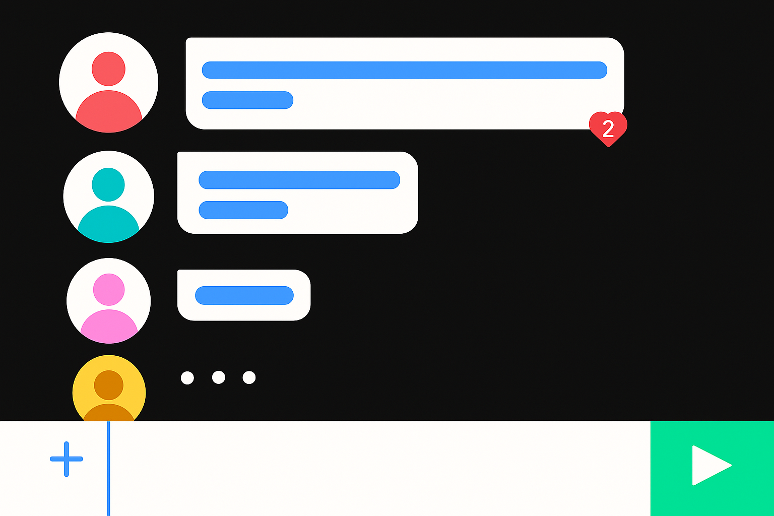 An online group chat with 4 or so chat boxes from different people. The top one is hearted twice, and there's an ellipsis at the bottom next to another profile image. There's an empty text field to type in below.