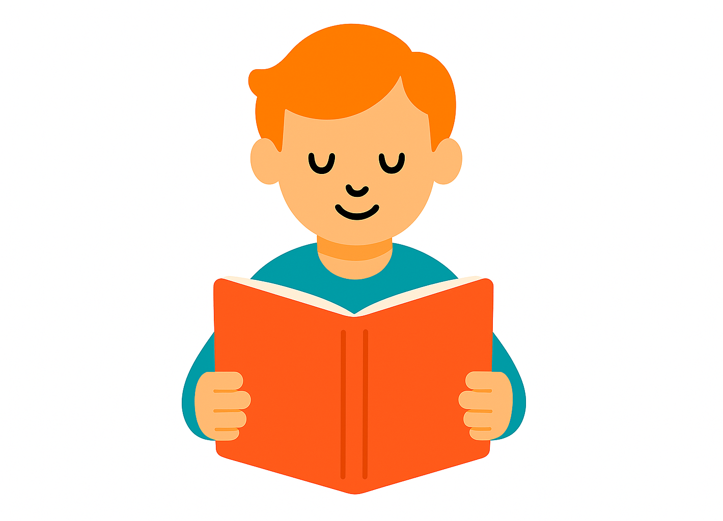 주황색 책을 펼쳐 읽고 있는 파란 셔츠를 입은 빨간 머리 사람.