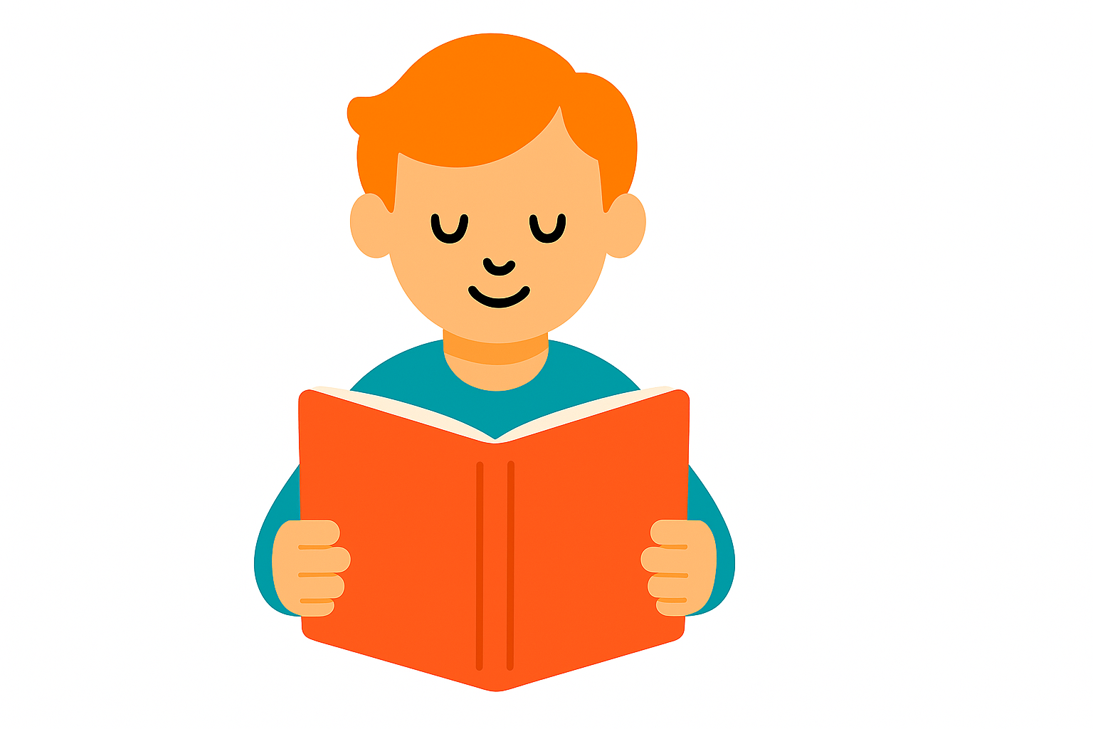 A person with ginger hair and a blue shirt holding open an orange book and reading it.