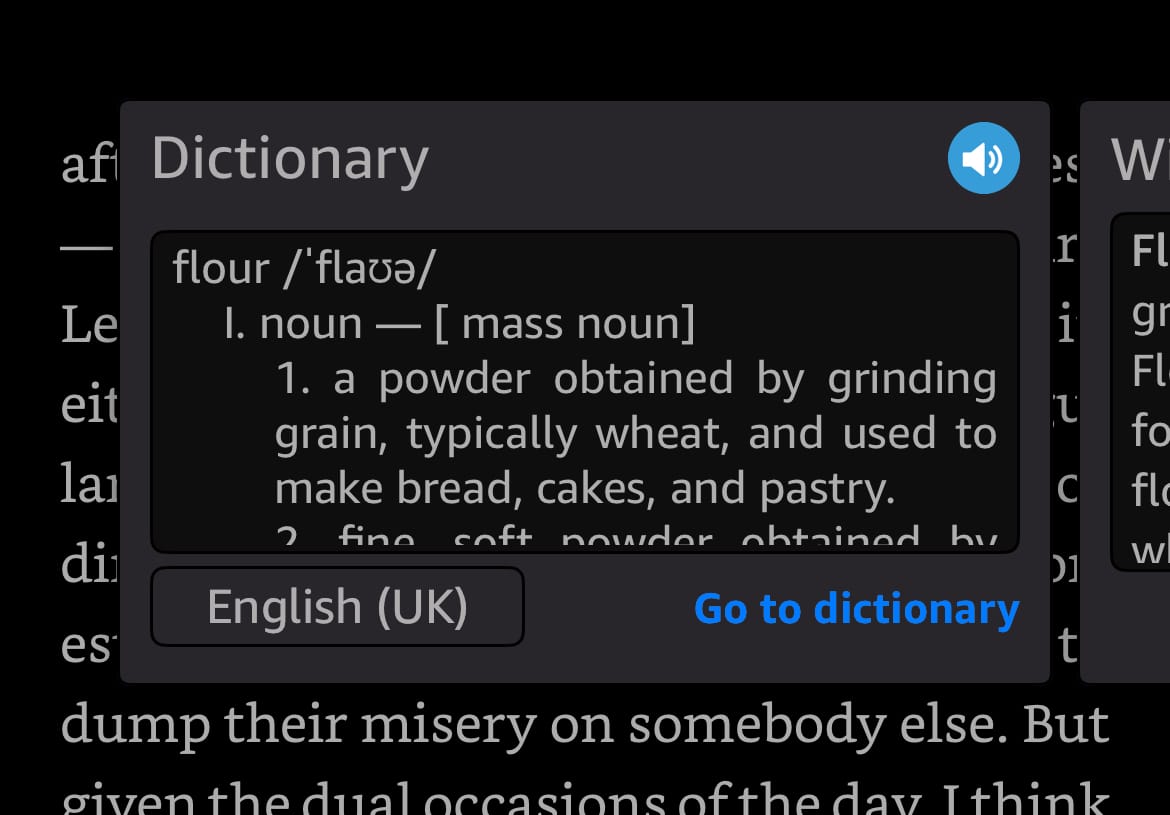 A cropped screenshot from the dictionary feature on Kindle with the word "flour" searched and the definition written out. Preferred language is indicated as "English (UK)".