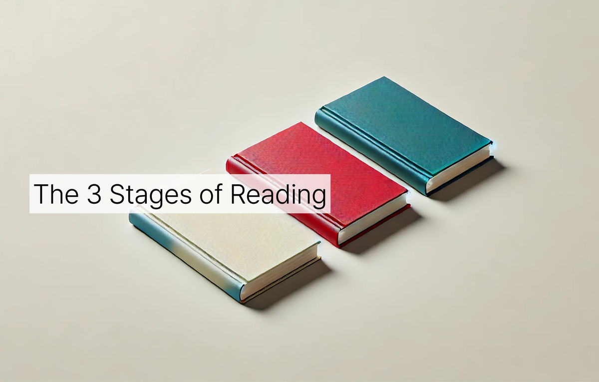 Three closed books — white, red, and blue-green in color — lying on an off-white surface with the text "The 3 Stages of Reading" over it in banner form.