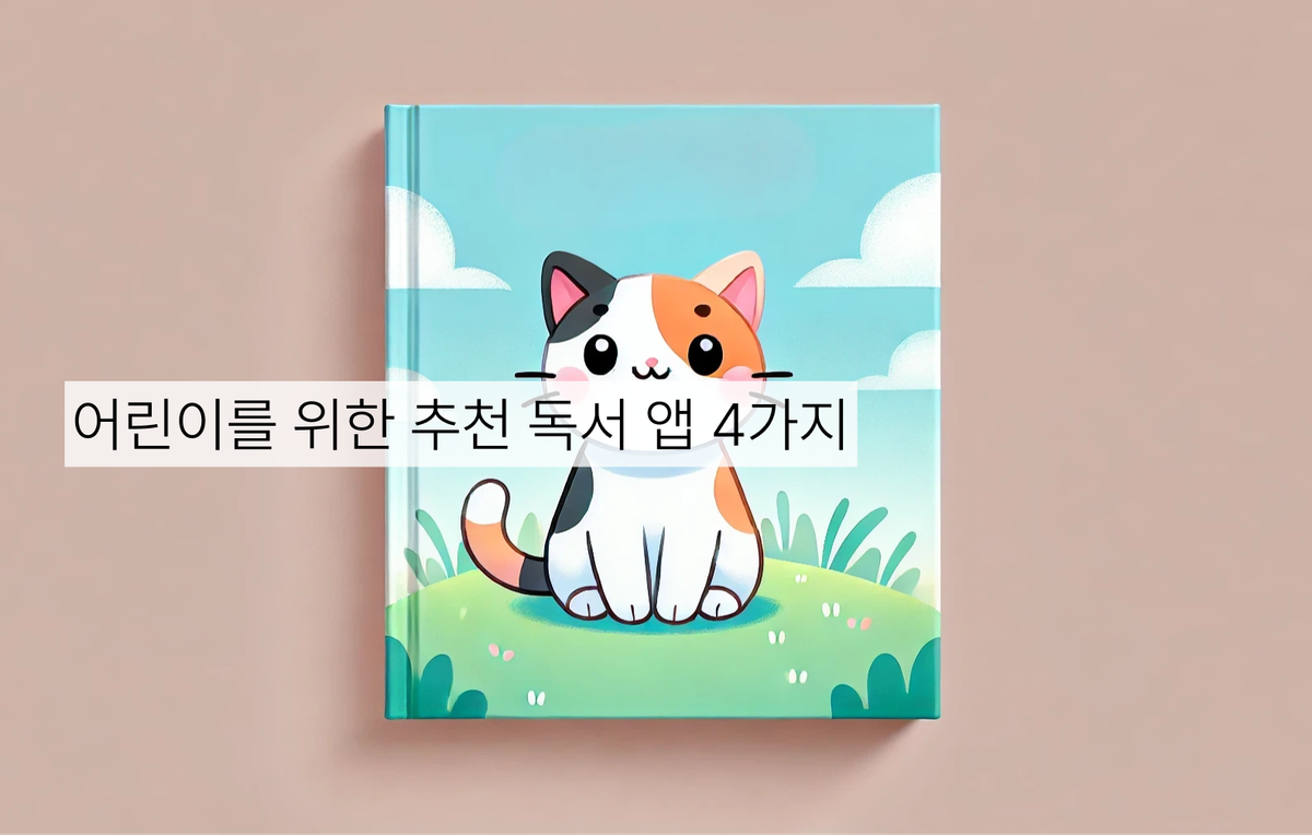 파란 하늘을 배경으로 언덕 위에 앉아 있는 고양이가 그려진 어린이 책 표지 이미지. 이미지 위에는 “어린이를 위한 추천 독서 앱 4가지”라는 배너가 표시되어 있음.