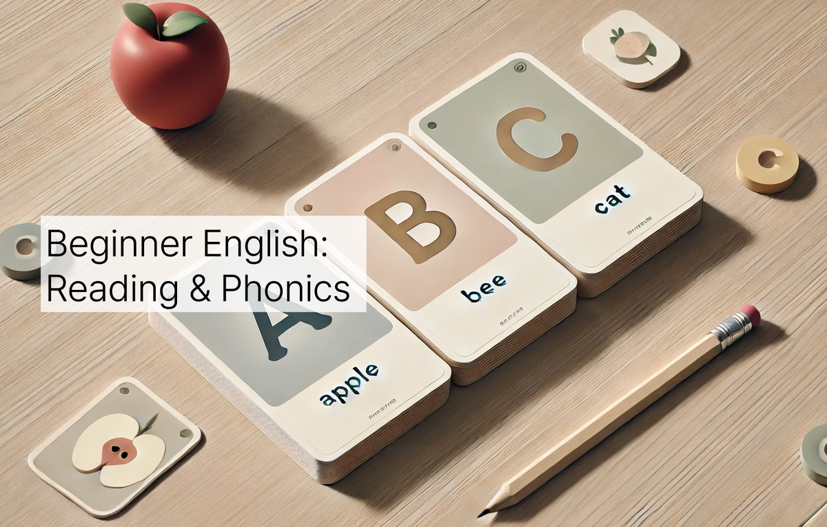 Flashcards showing "A - Apple," "B - Bee," and "C - Cat" arranged on a table with a pencil and scattered cards. A banner reads "Beginner English: Reading & Phonics." 