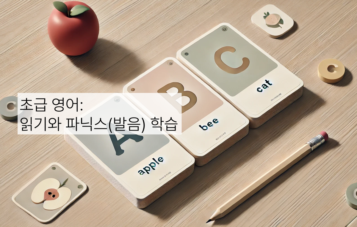 “A - Apple”, “B - Bee”, “C - Cat”이 적힌 플래시카드가 연필과 흩어진 카드들과 함께 테이블 위에 배열되어 있음. 배너에는 “초급 영어: 읽기와 파닉스(발음) 학습”라는 문구가 표시되어 있음.
