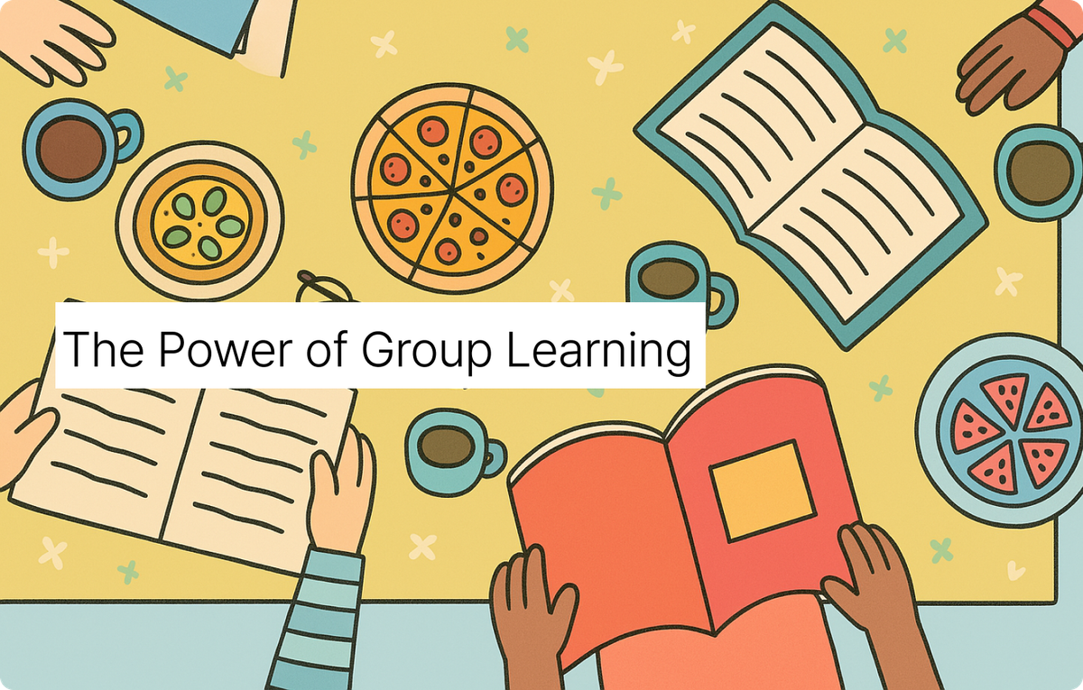 An overhead image of a table with hands holding open books, pizza, coffee, and drinks on the table. There’s a banner of text that reads “The Power of Group Learning”. 