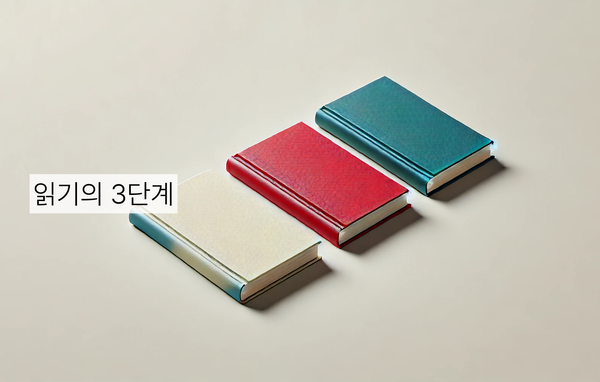 흰색, 빨간색, 청록색의 세 권의 닫힌 책이 오프 화이트 색상의 표면에 놓여 있으며, 그 위에 "읽이의 3단계"이라는 문구가 배너 형태로 쓰여 있음.