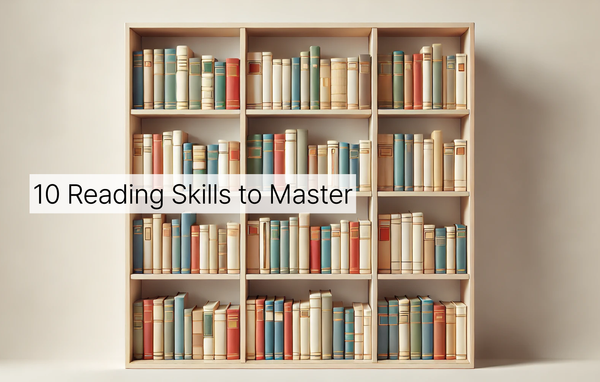 A bookshelf filled with vertically placed books. There is a banner of text on the center-left side that reads, "10 Reading Skills to Master".