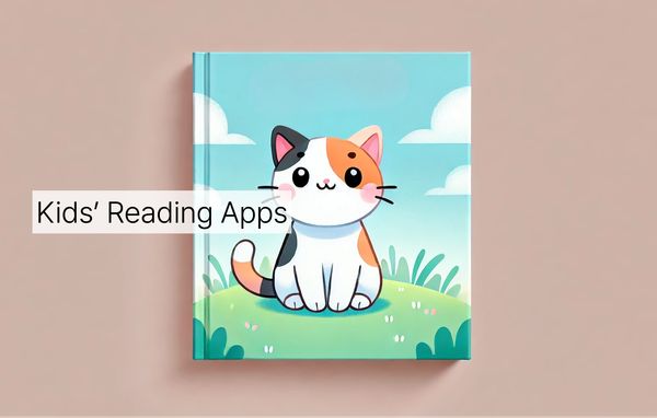 An image of a children's book with the cover of a cat sitting on a hill with blue skies surrounding it. There's a banner over the image that reads "Kids' Reading Apps."