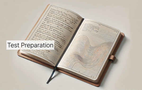 An open notebook with notes in it. It’s tilted to the right on a surface, and there’s a banner of text on the left side that reads “Test Preparation”.