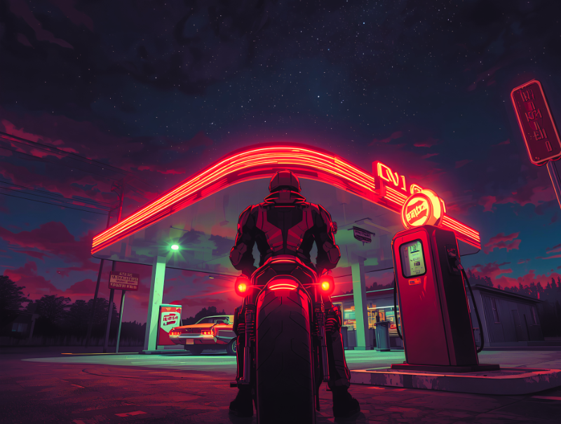 Man on a futuristic motorcycle approaches a 1950's style gas station. 