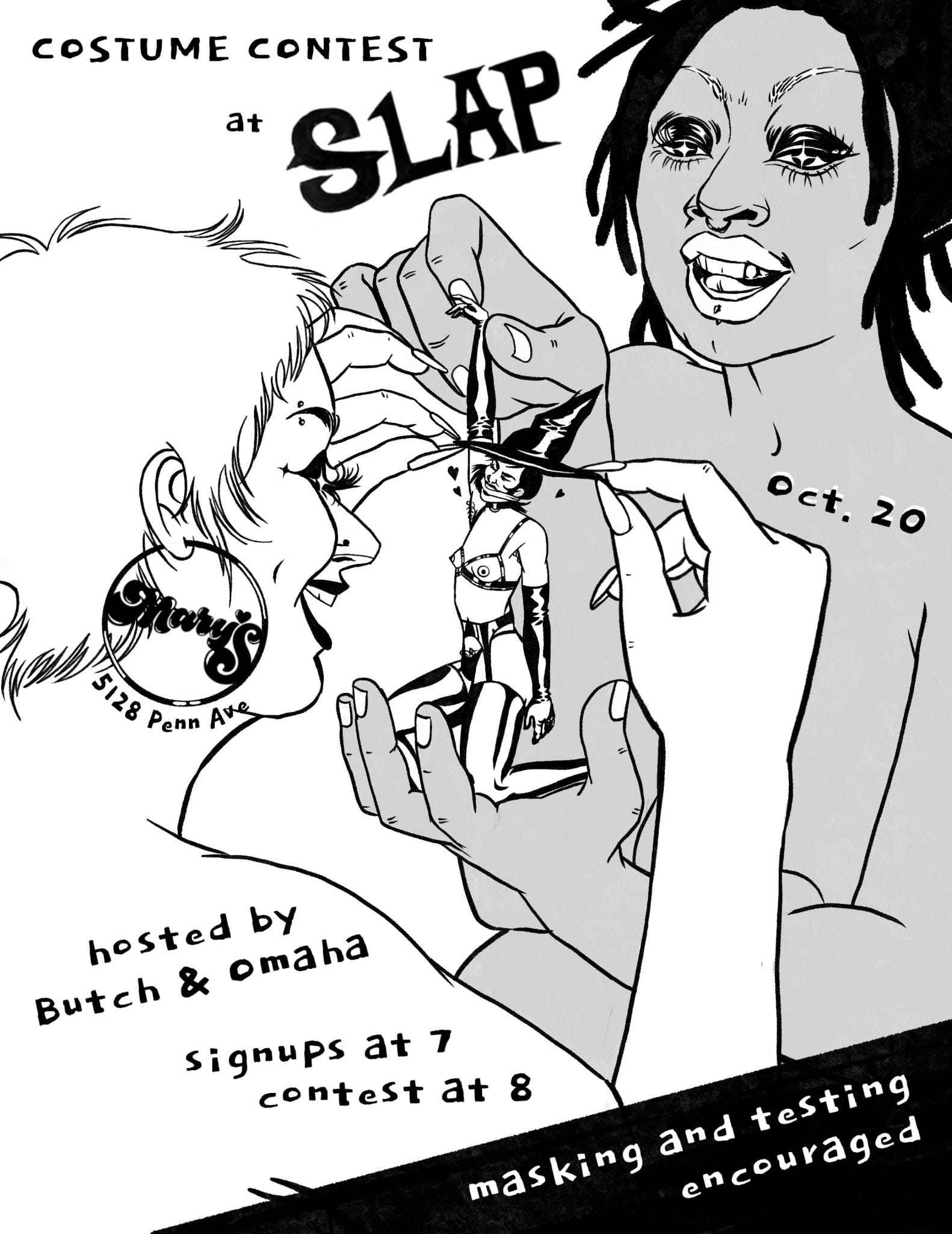 Two naked giantesses smile wide as they tease a small femme in the palm of their hands. The girl is wearing a witch's hat, leather garter/stockings, a leather harness, and elbow-length leather gloves. Her mouth is bound in cloth and hearts float around her head.