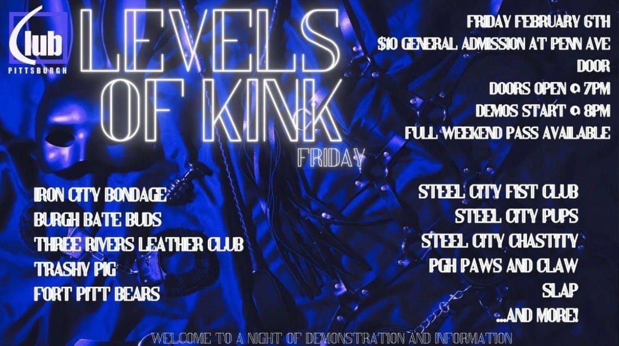 A blue background featuring a mask, crop, flogger, leather harness, and other kinky toys laying on blue silk. White text over the image covers information about the event. Featured organizations include: Iron City Bondage, Burgh Bates Buds, Three Rivers Leather Club, Trashy Pig, Fort Pitt Bears, Steel City Fist Club, Steel City Pups, Steel City Chastity, Pgh Paws and Claws, SLAP, and more!
