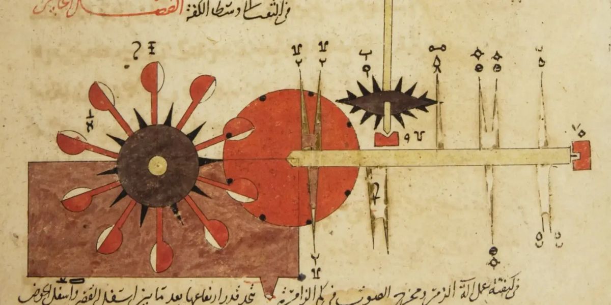 A 14th-century Arabic manuscript illustration of a complex mechanical machine. It features a vertical wooden structure with various basins, pipes.