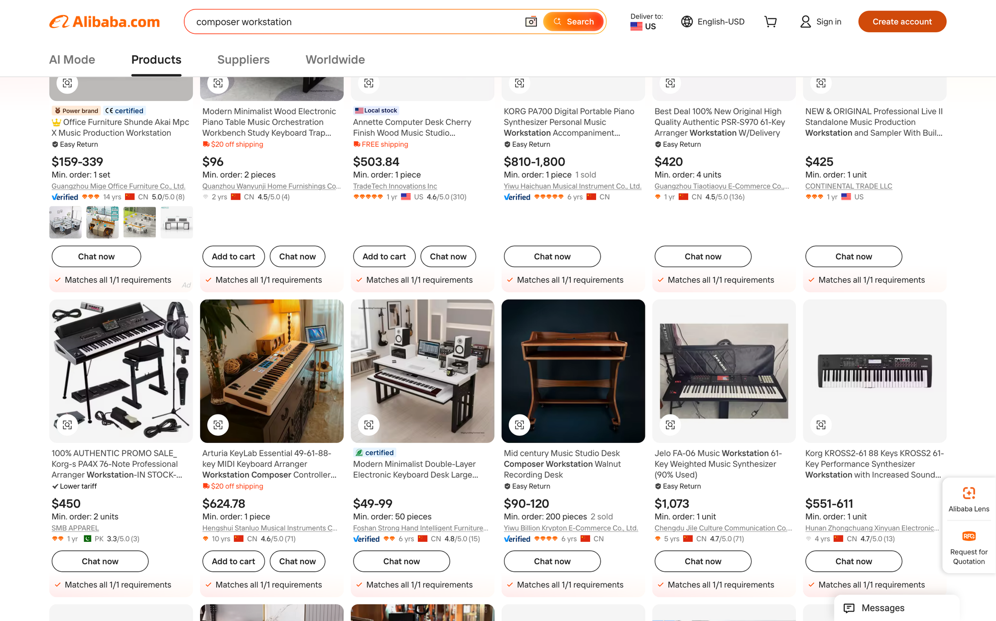 A screenshot from the website Alibaba. A grid of desks with keyboards.