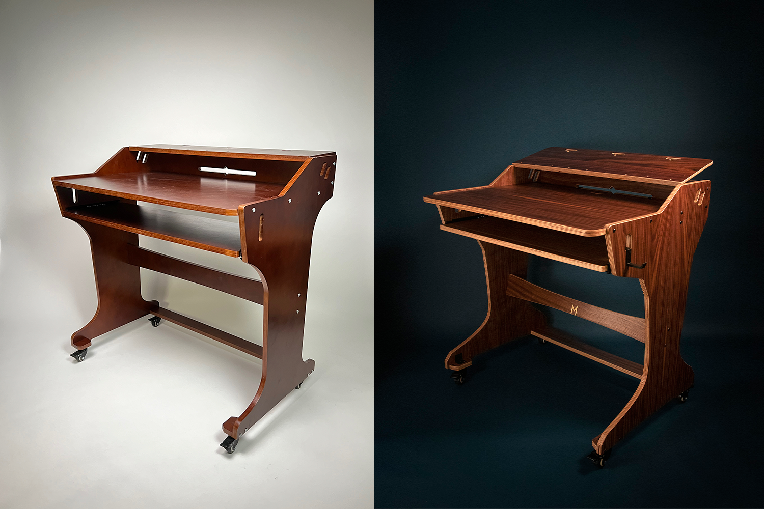 A side by side comparison of two desks. Desk on the left is brown on a white background. The right desk is walnut on a deep blue background. Each is at an angled view.