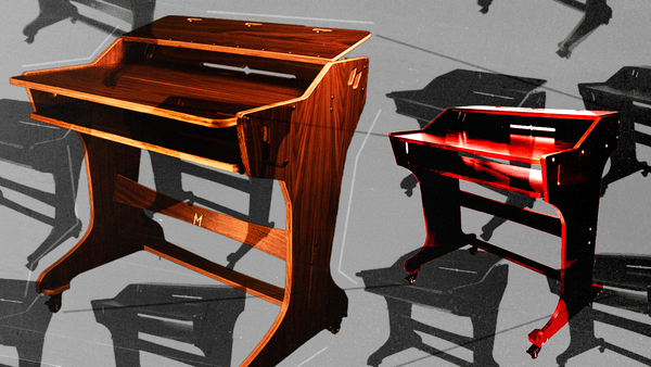 Two music studio desks in color in front of a photocopy style collage of smaller desks.