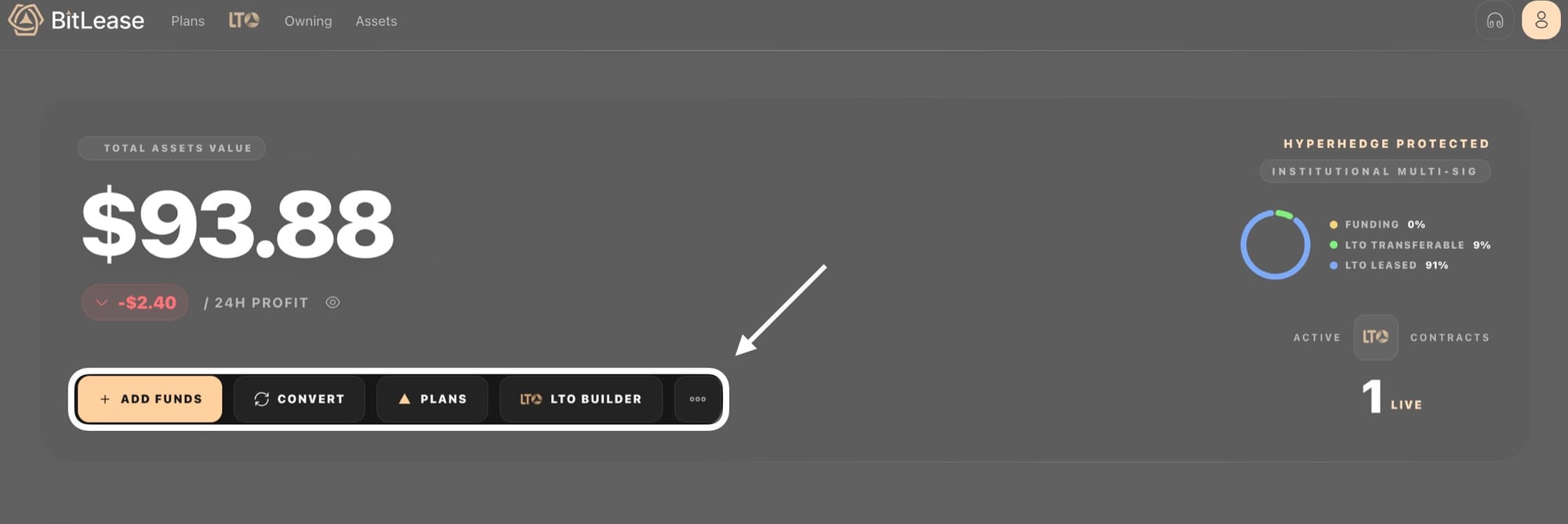 BitLease dashboard header highlighting the quick action buttons: Add Funds, Convert, Plans, and LTO Builder.