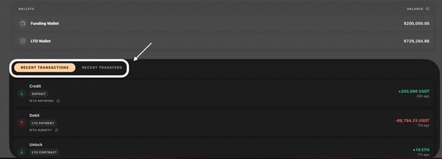 Close-up of the transaction history section on BitLease, pointing to the toggle buttons for Recent Transactions and Recent Transfers.