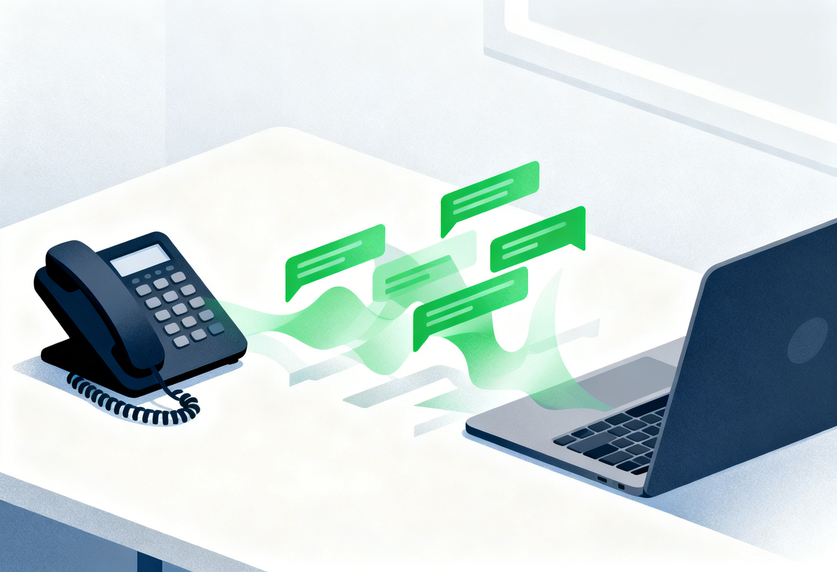 Ilustración minimalista de un teléfono de escritorio conectado visualmente a una laptop mediante mensajes, representando seguimiento comercial por WhatsApp.