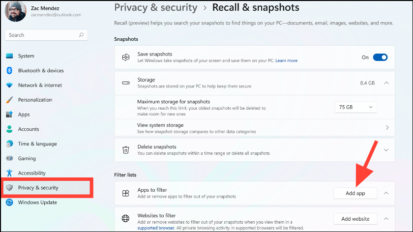 Adding an app to filter in Recall settings