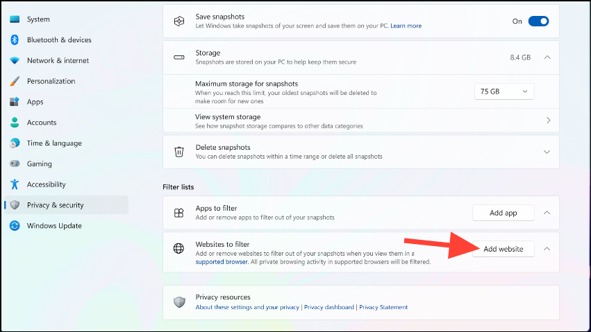 Adding a website to filter in Recall settings