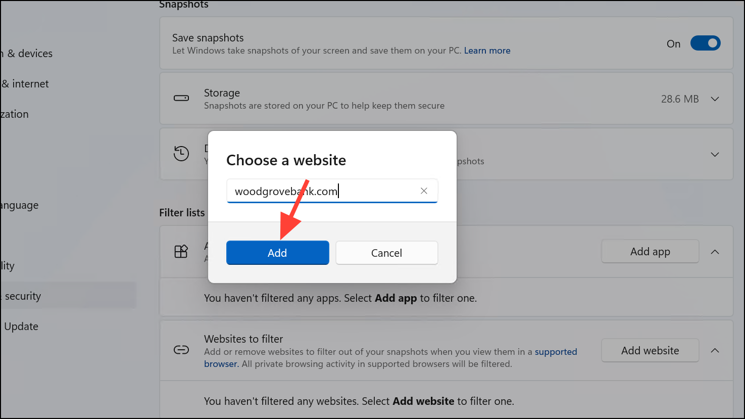 Entering website URL to filter in Recall settings