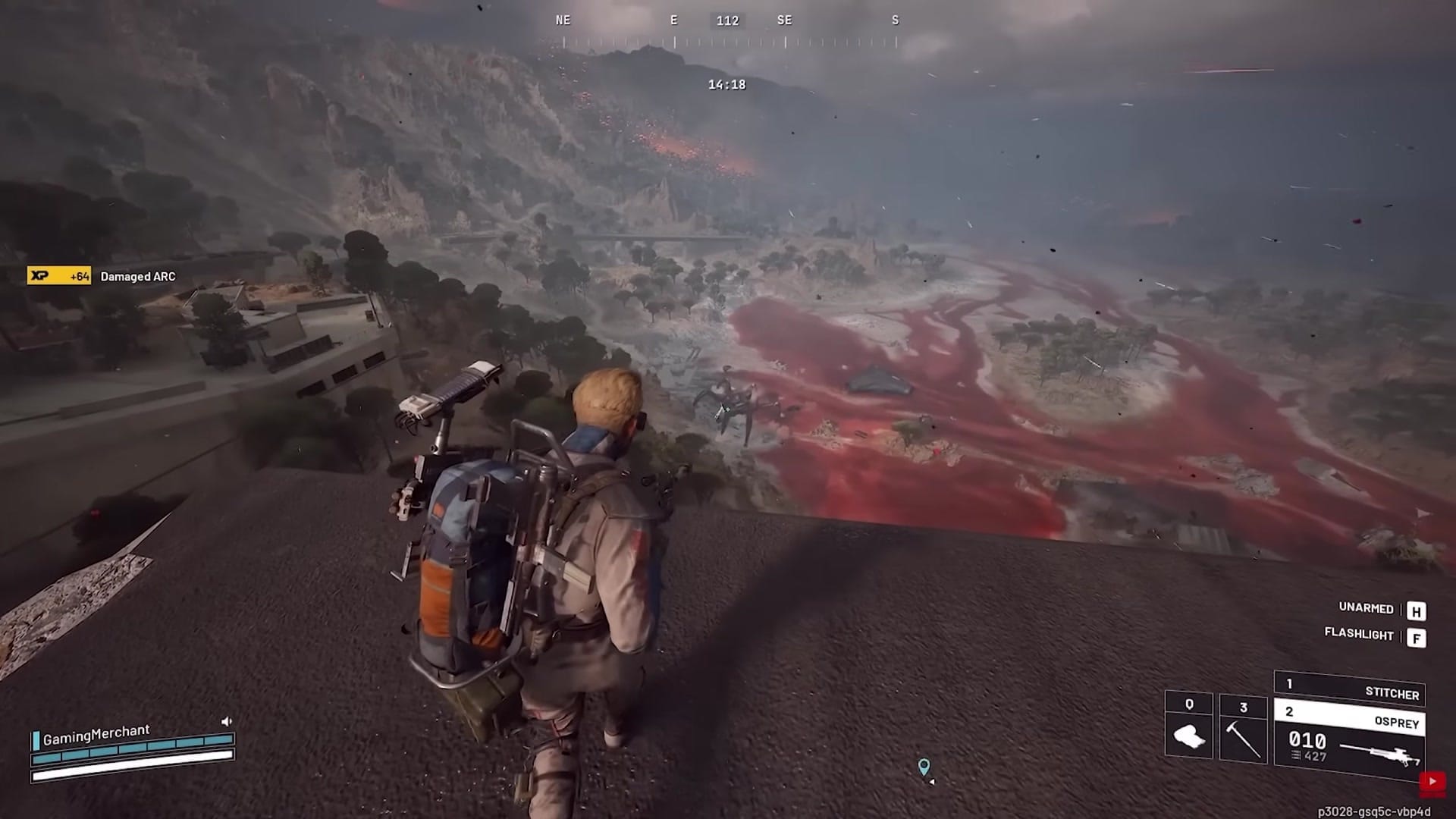 Looking down from the high vantage point, a large mechanical spider enemy (Queen) is visible in a red-tinted valley.…