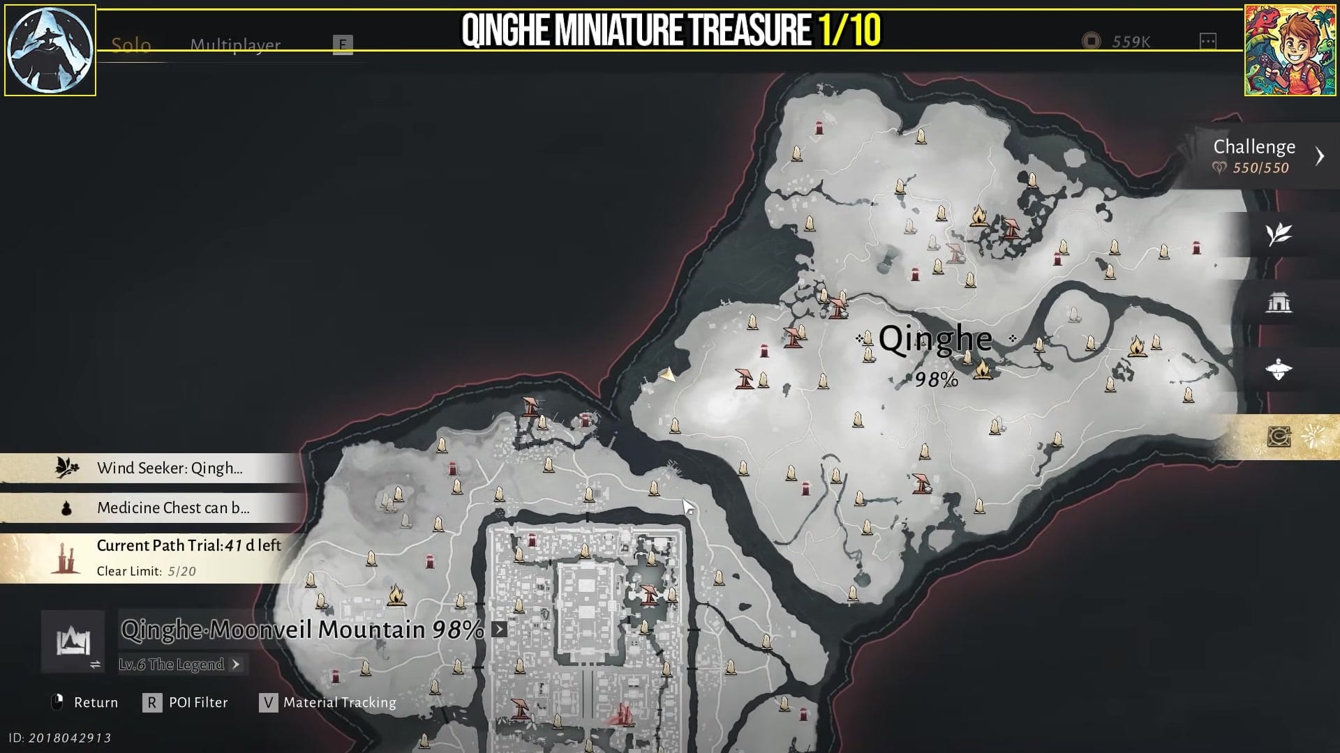 QINGHE MINIATURE TREASURE 1/10 The map opens to "Qinghe Moonveil Mountain 98%". The cursor highlights a location near…