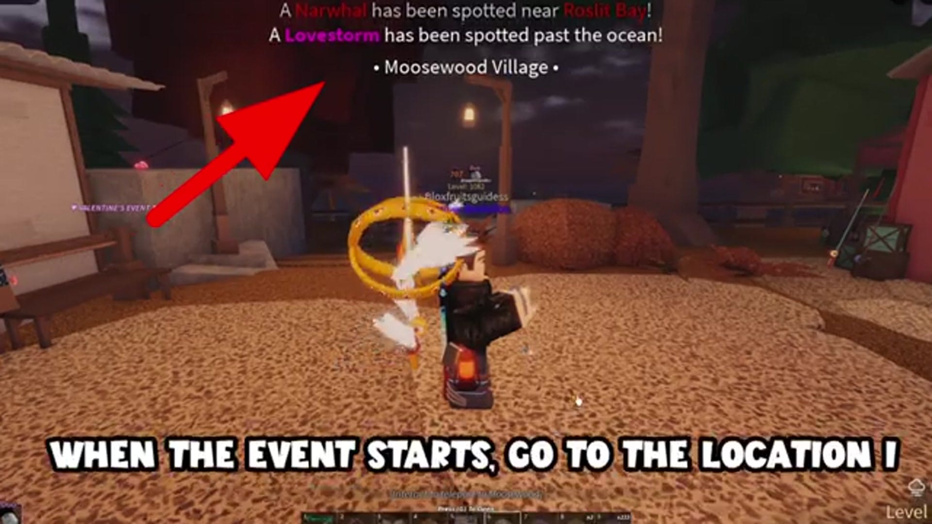 The character uses a glider to fly over a dock area. Text overlay: "WHEN THE EVENT STARTS, GO TO THE LOCATION I SHOW AND START FISHING