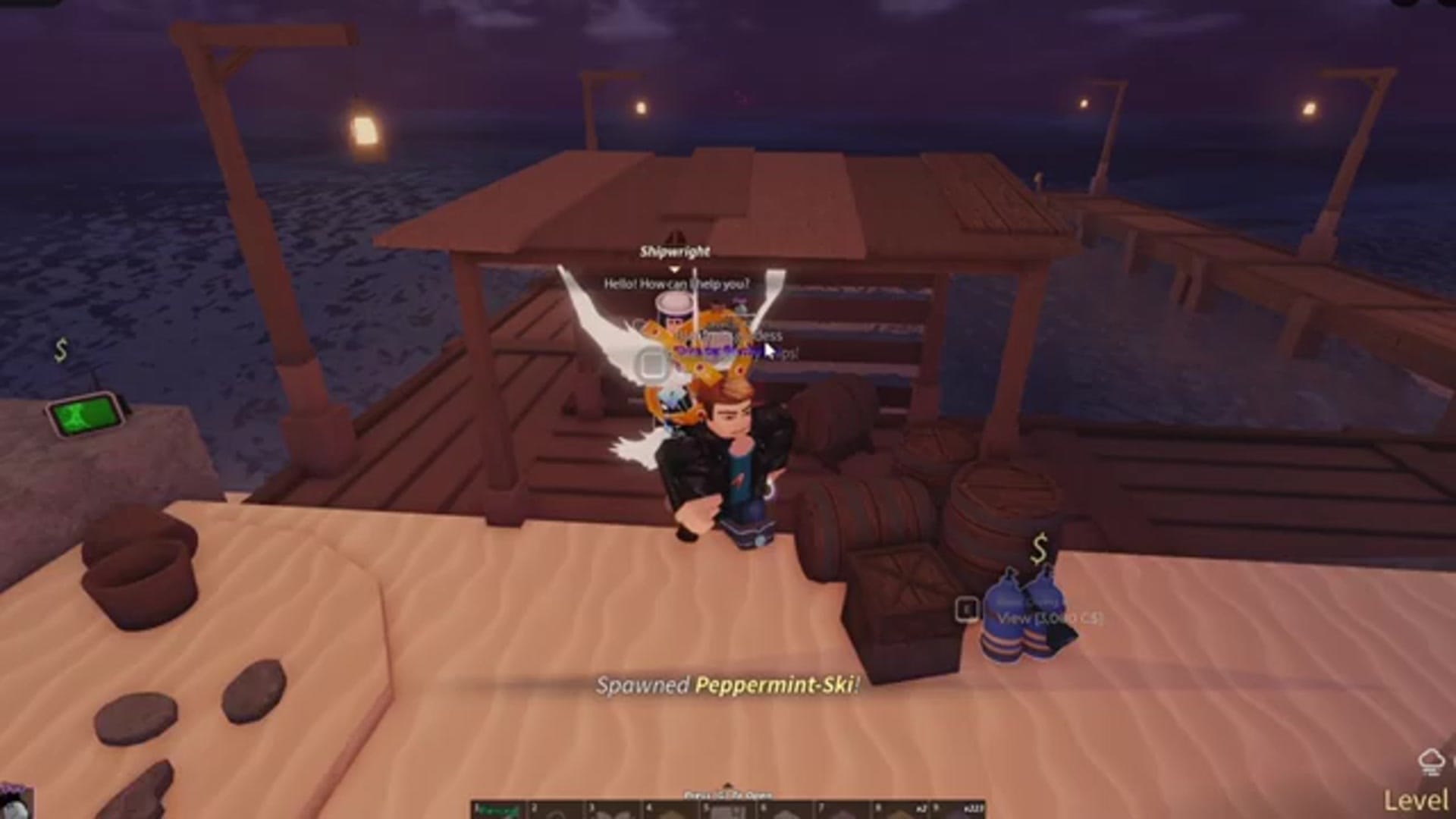 The character drives the Peppermint-Ski boat away from the dock into the ocean.