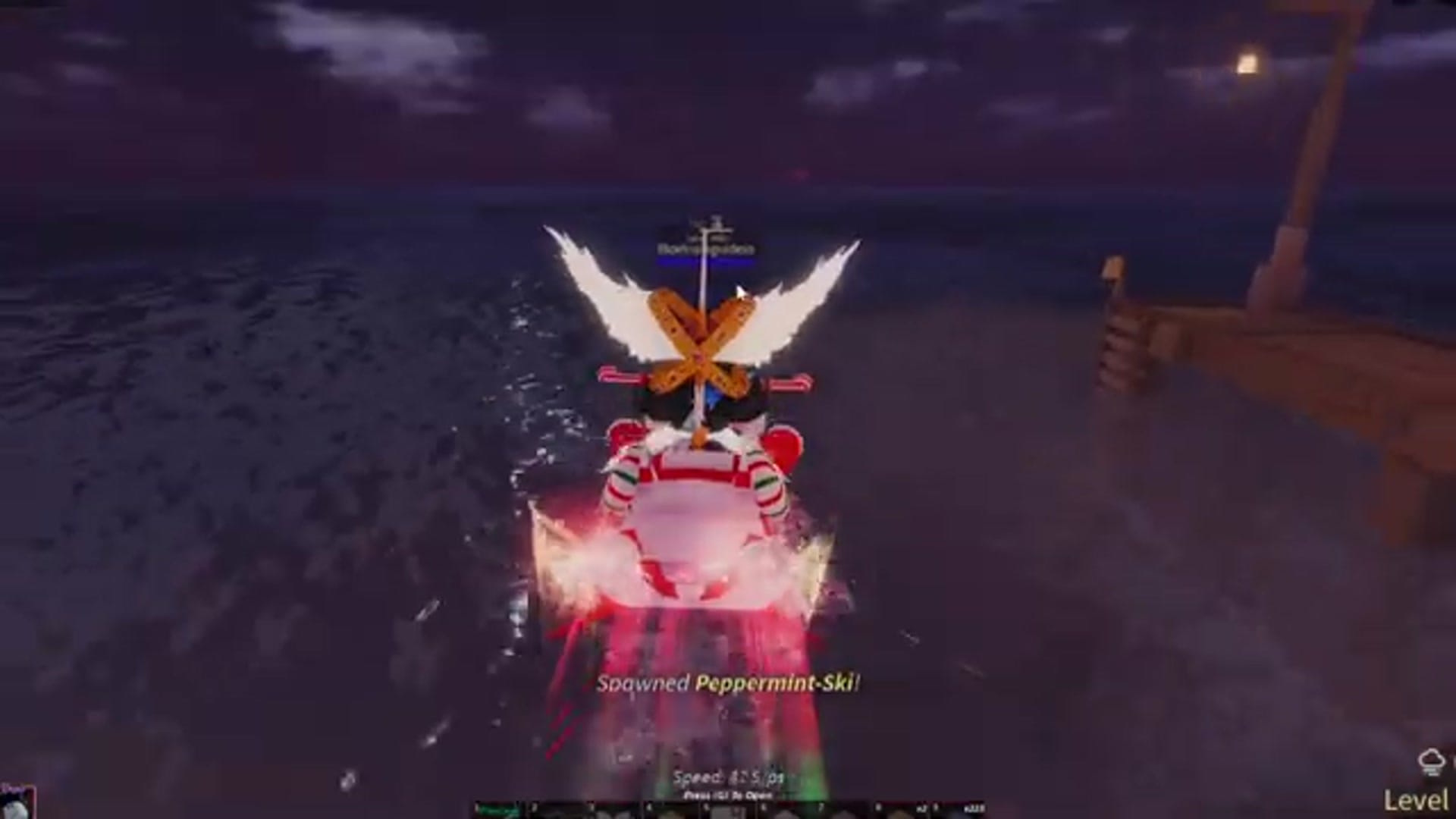 The "Fishing Rods" menu is briefly displayed, showing stats for a rod. The character continues driving the boat across the dark water.