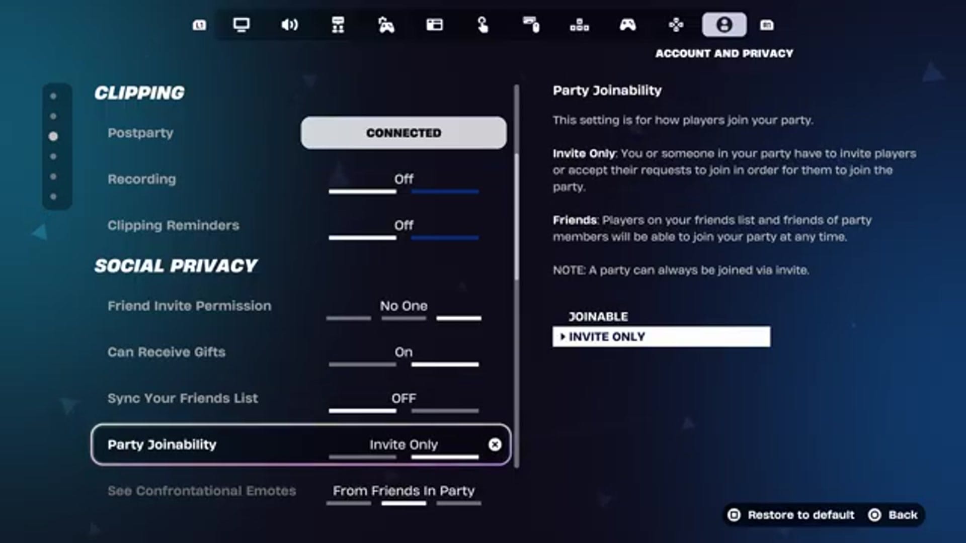 The user scrolls down to Party Joinability. They change the setting to Invite Only. The description reads: "This setting is for how