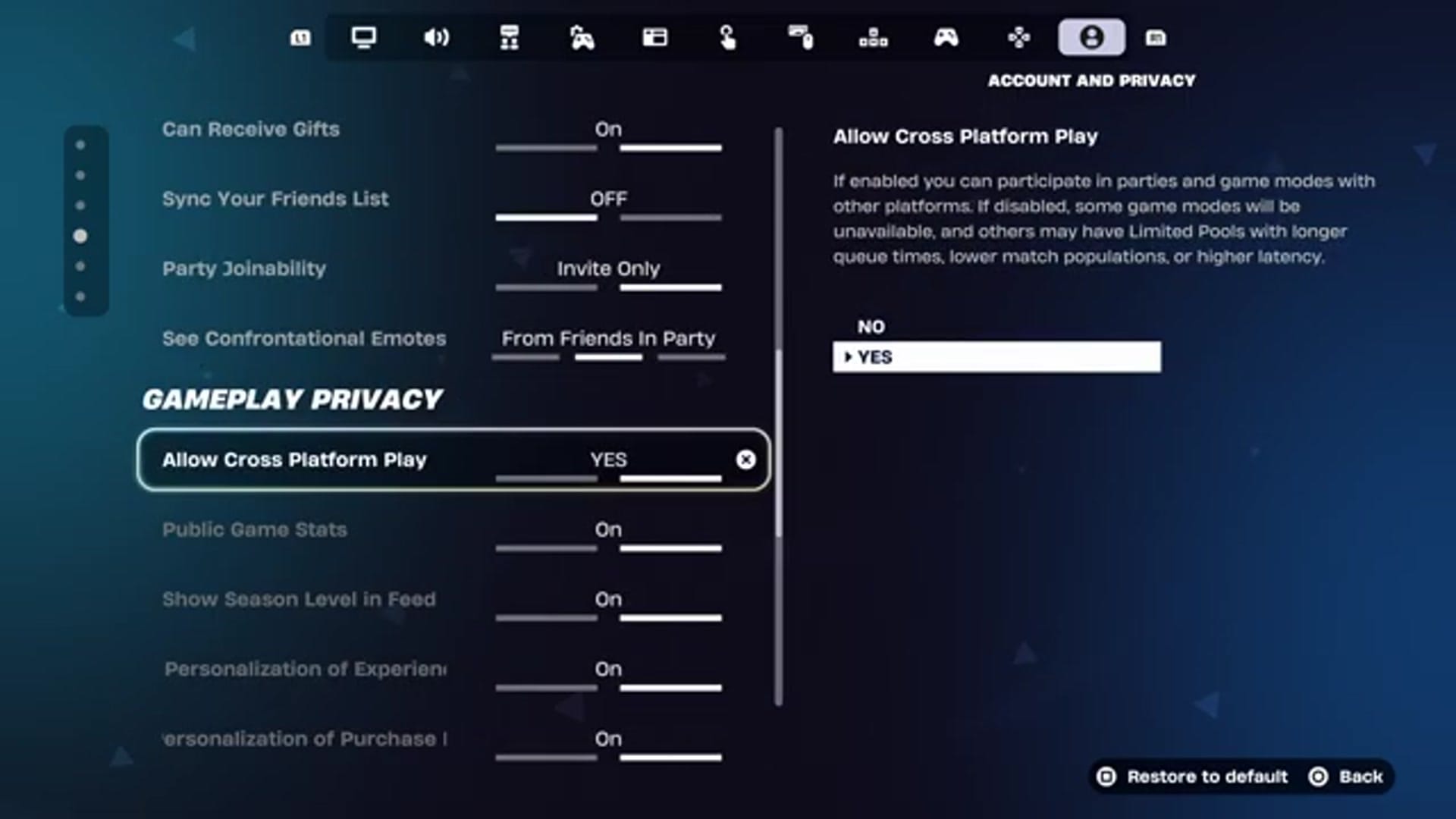 The user changes Allow Cross Platform Play to NO. A prompt appears: "If enabled you can participate in parties and game modes with other