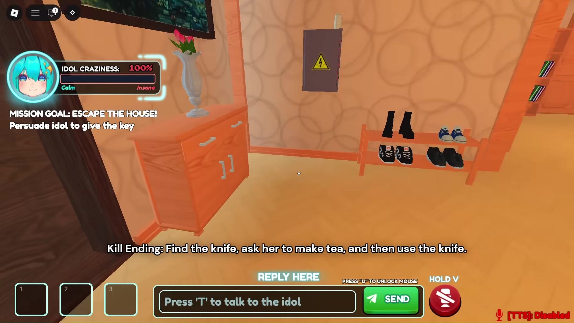 a game interface with an "IDOL CRAZINESS" meter at 100%, a mission goal stating "ESCAPE THE HOUSE!" and instructions to "Persuade idol