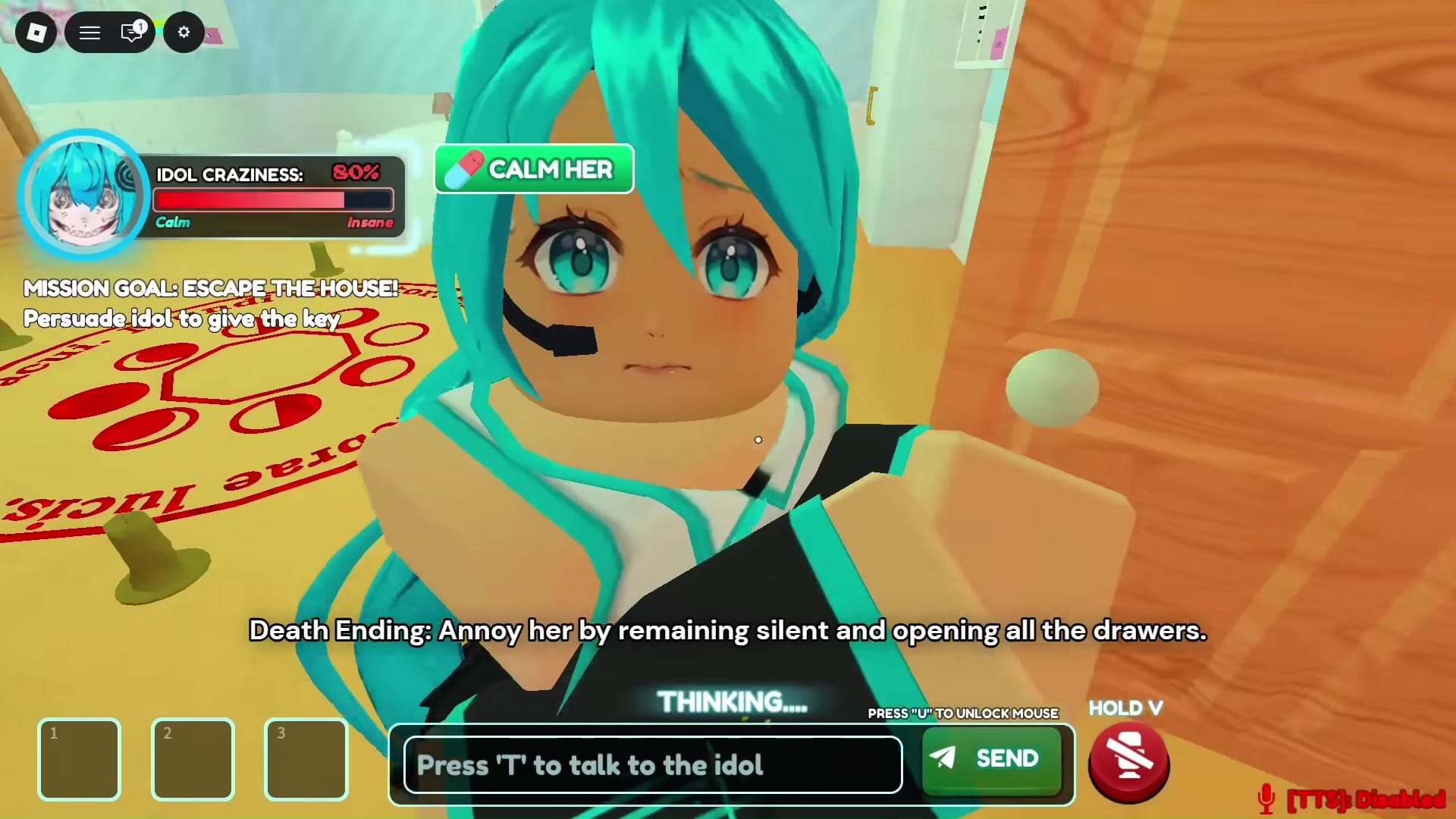 a character with turquoise hair and large blue eyes, with a UI showing "IDOL CRAZINESS: 80%" and a mission goal stating, "ESCAPE