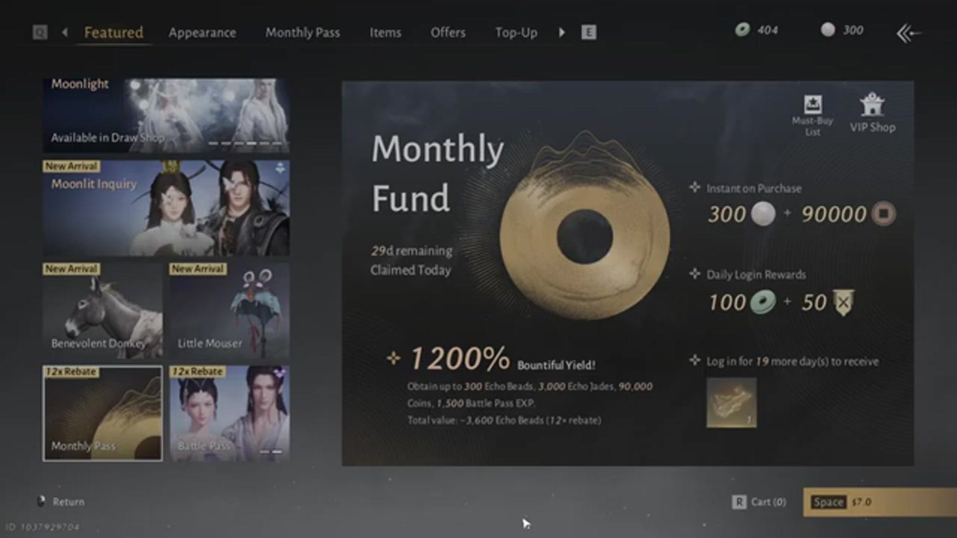 the Monthly Fund screen within the Featured tab of the in-game shop. The header reads "Monthly Fund" with the text "29d remaining Claimed