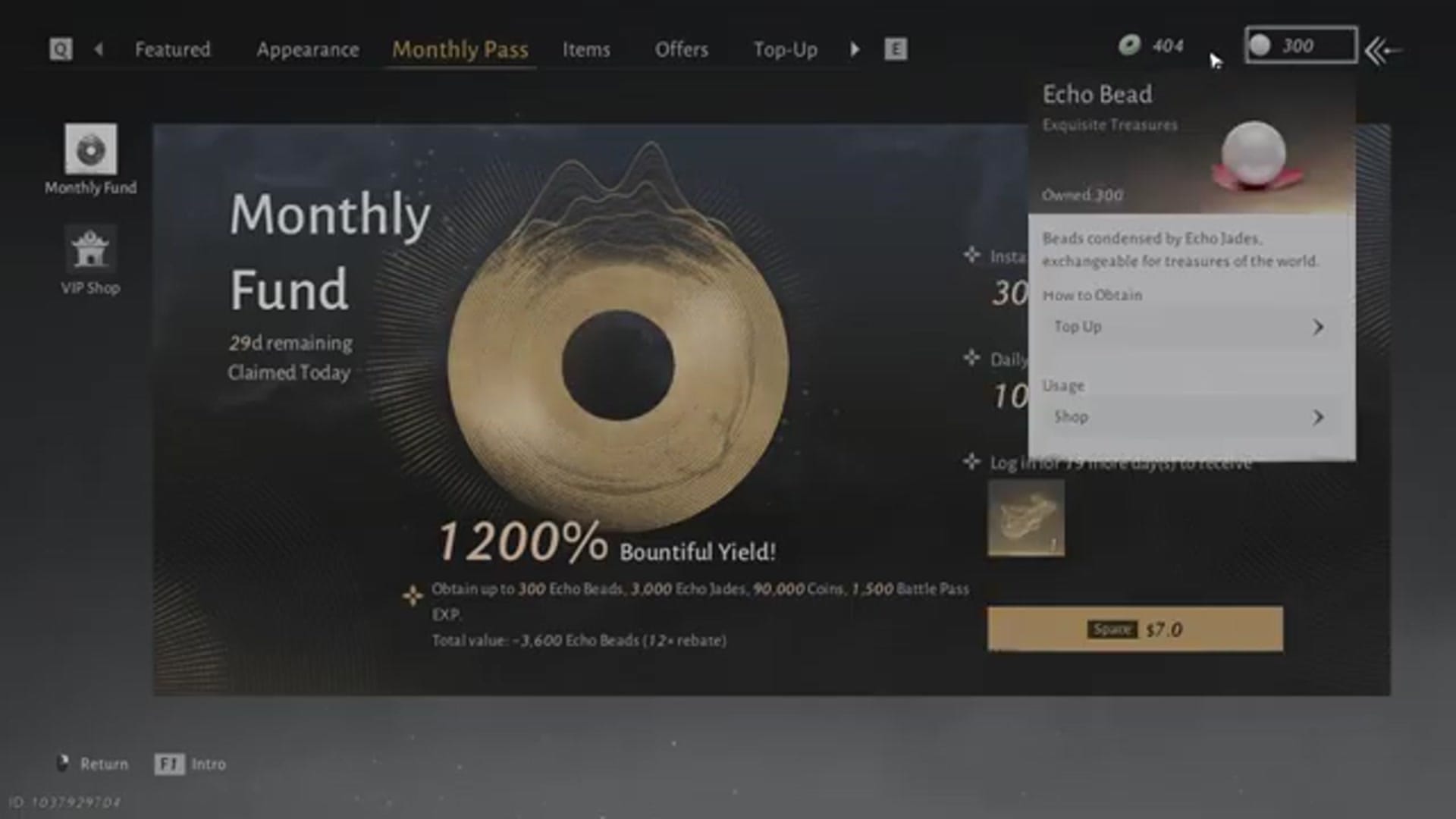 The narrator navigates to the Appearance tab to show items purchasable with Echo Beads, such as "Moonlit Inquiry" for 1548 beads.