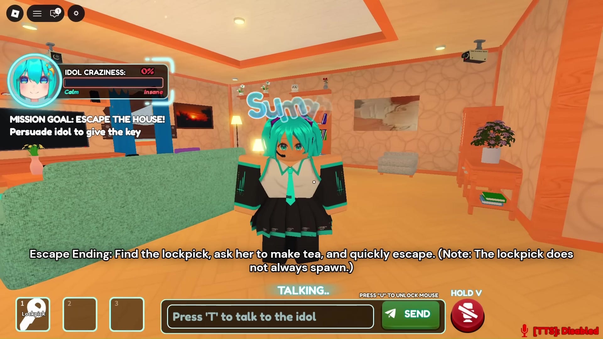 a game interface with a mission goal stating, "ESCAPE THE HOUSE! Persuade idol to give the key," and an idol craziness meter showing "0%